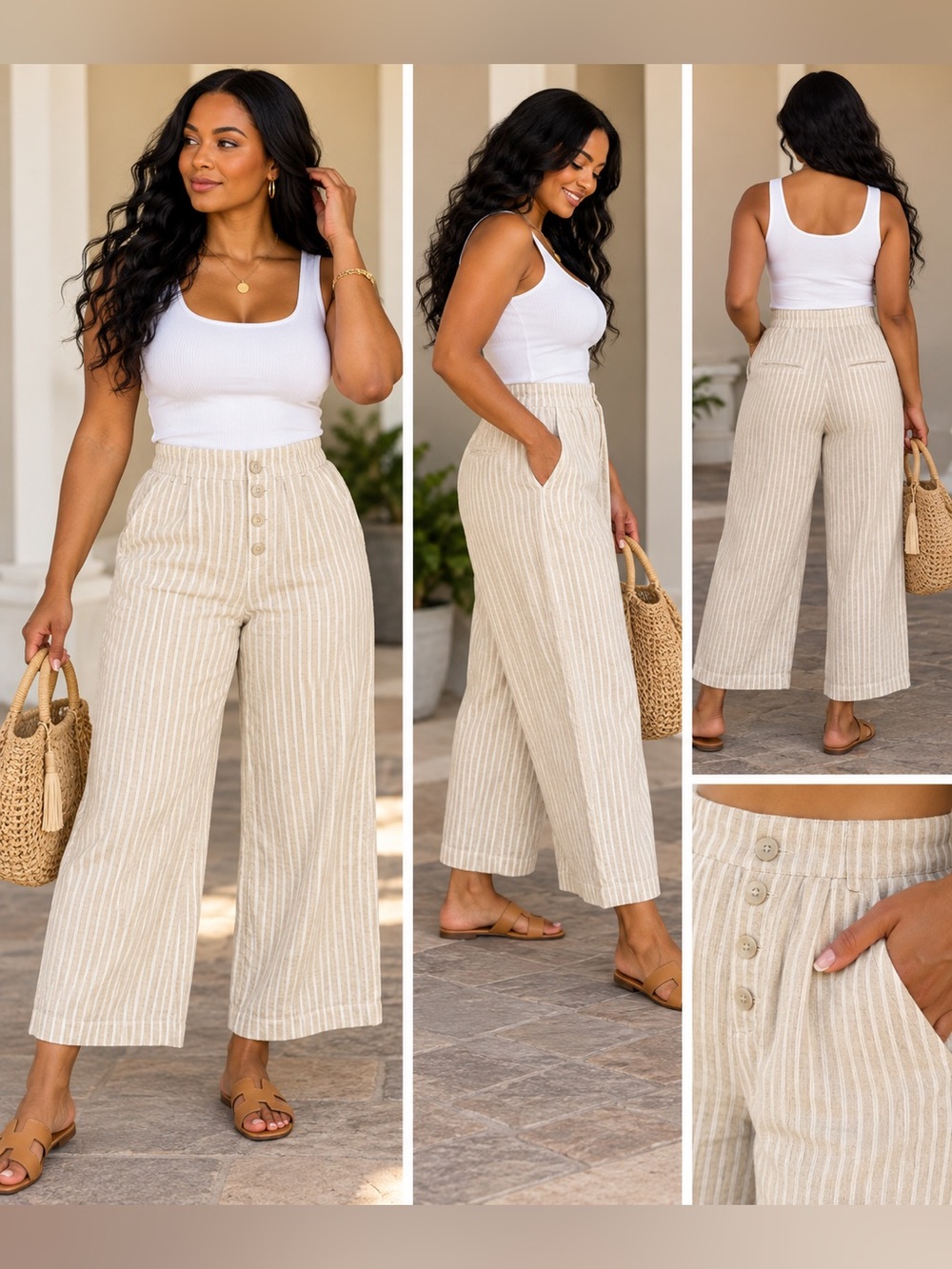 Universal Thread Beige Striped Linen Blend Wide Leg Capri Pants NWT L